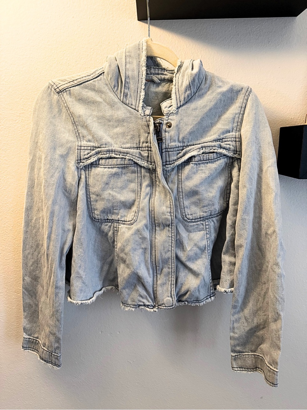 Free People Light Wash Denim Jacket Raw Hem